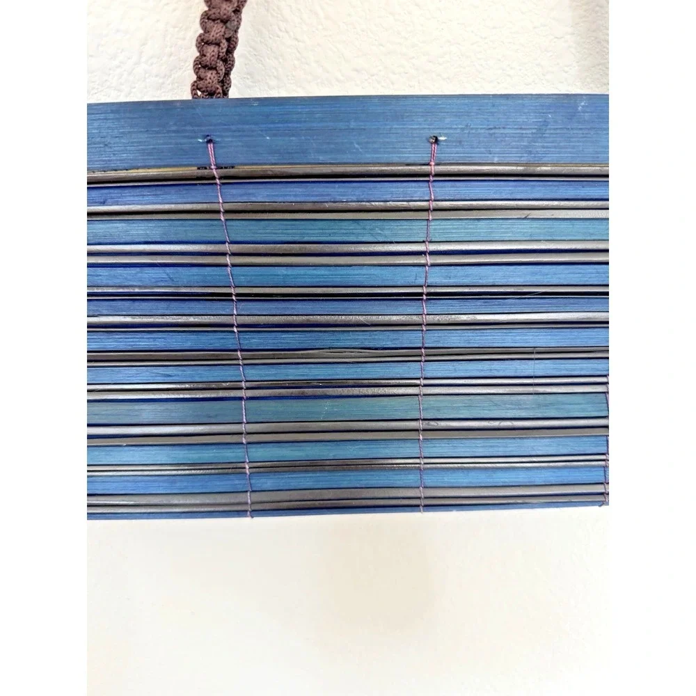 Handmade Indigo Woven Bamboo Tote Bag Boho Artisan Lined Wooden Beads